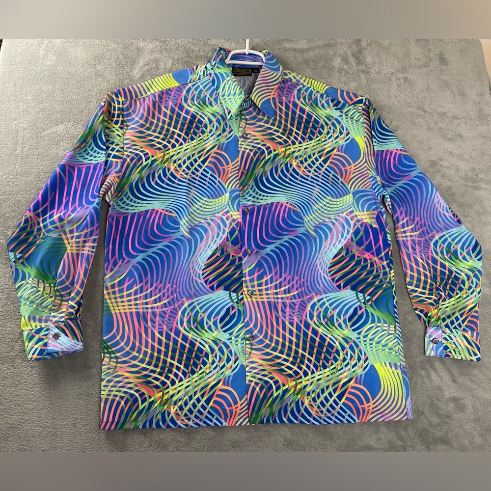 Monzini Collection Crazy Colorful Striped Abstract Geometric Button Shirt Men XL